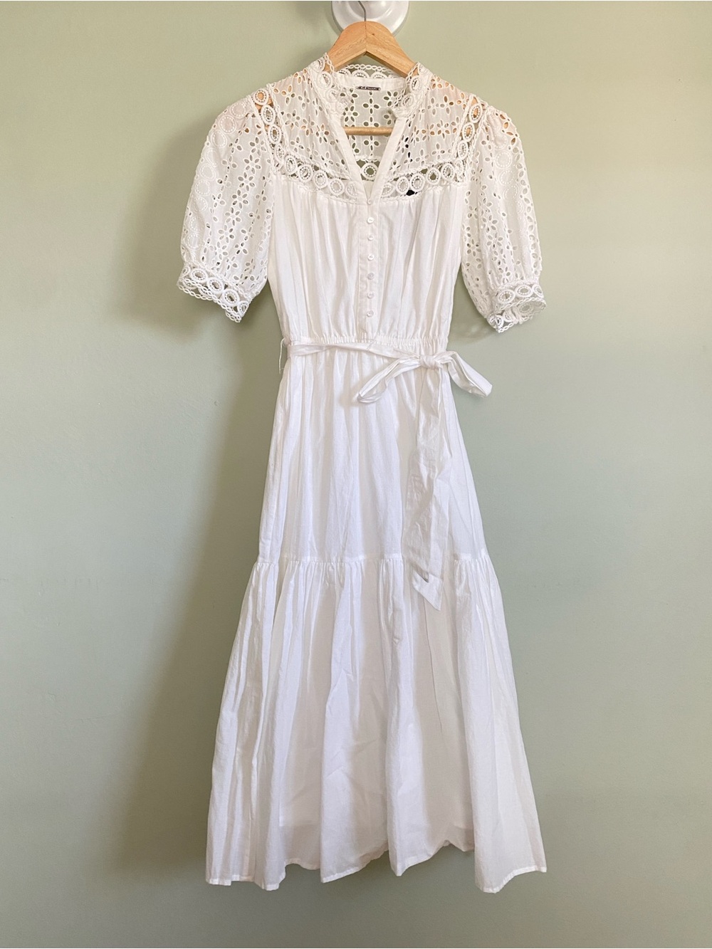 Elie Tahari White Cotton Eyelet Short Sleeve Midi Maxi Button Tiered Dress XS